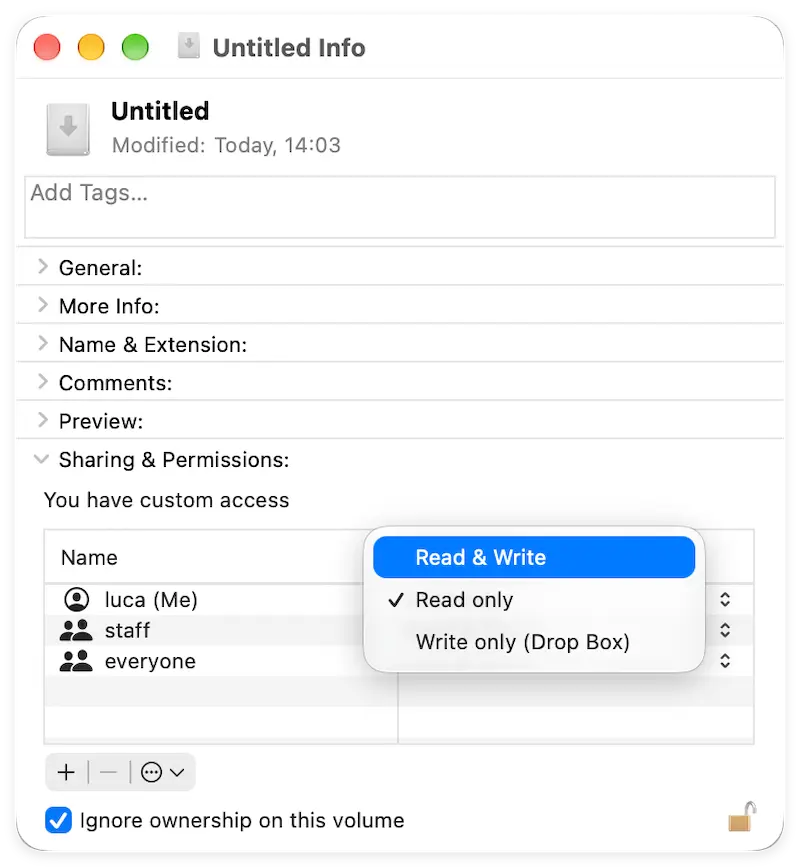 change permissions of external drive Mac