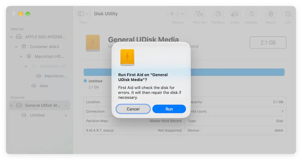 run First Aid to fix external drive Mac