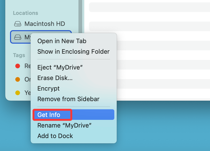 Right-click on the external hard drive in Finder and select Get Info