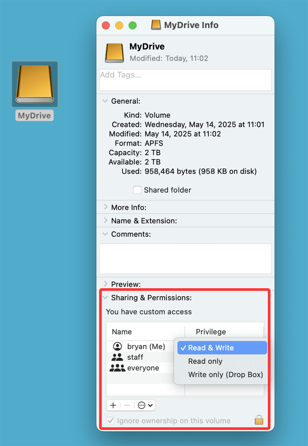 Set your account to have Read & Write access