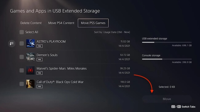 move game to internal drive on PS5