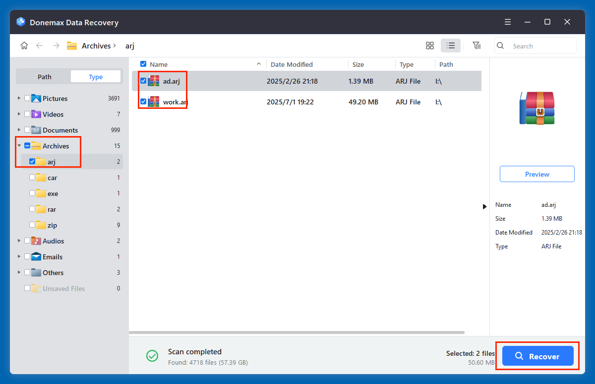 recover deleted ARJ file