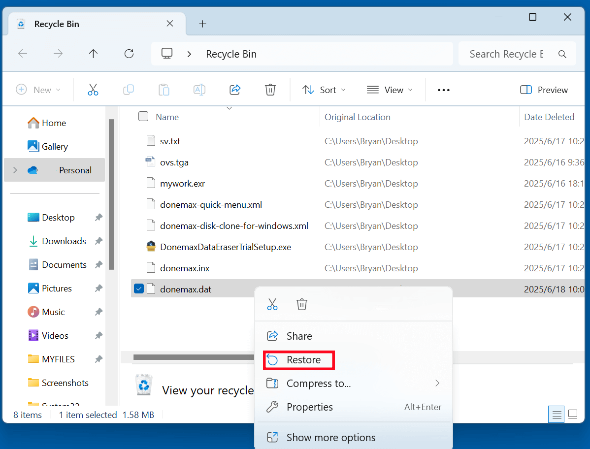 recover deleted DAT file