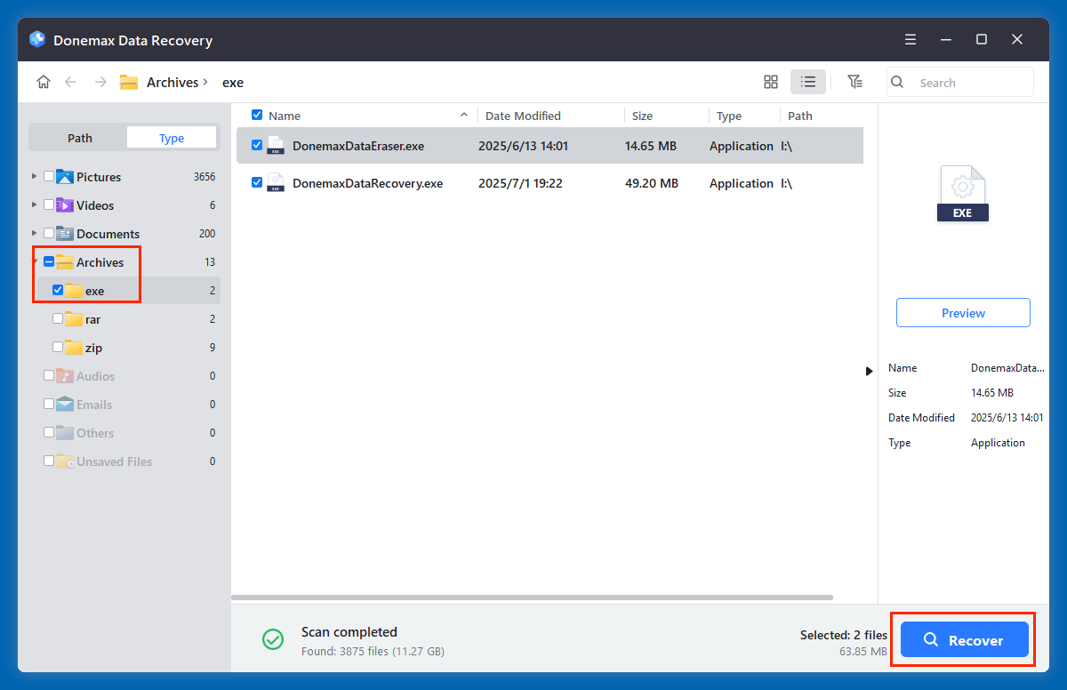recover deleted EXE files