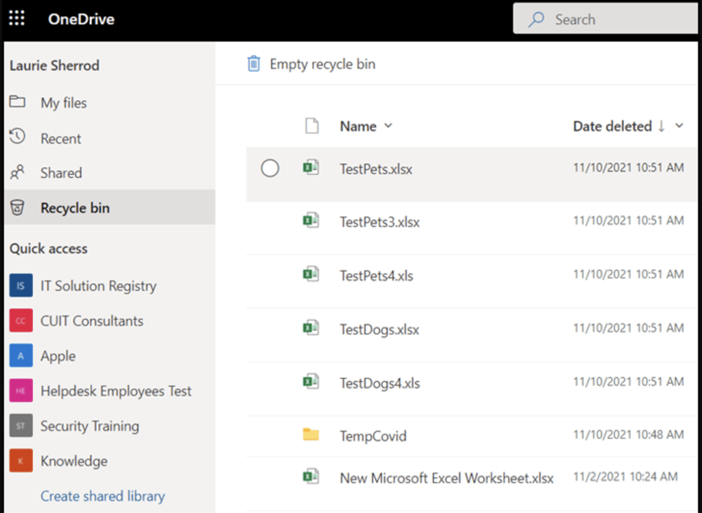 recovering deleted files from OneDrive