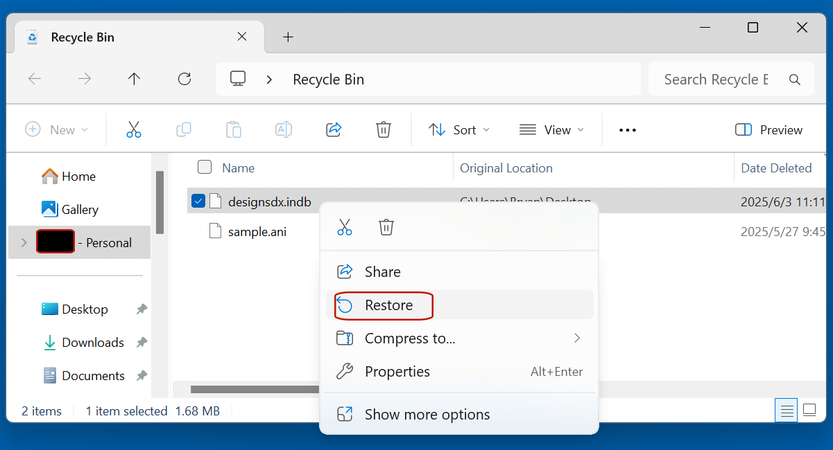 recover lost INDB files