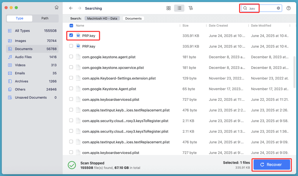 recover deleted KEY file