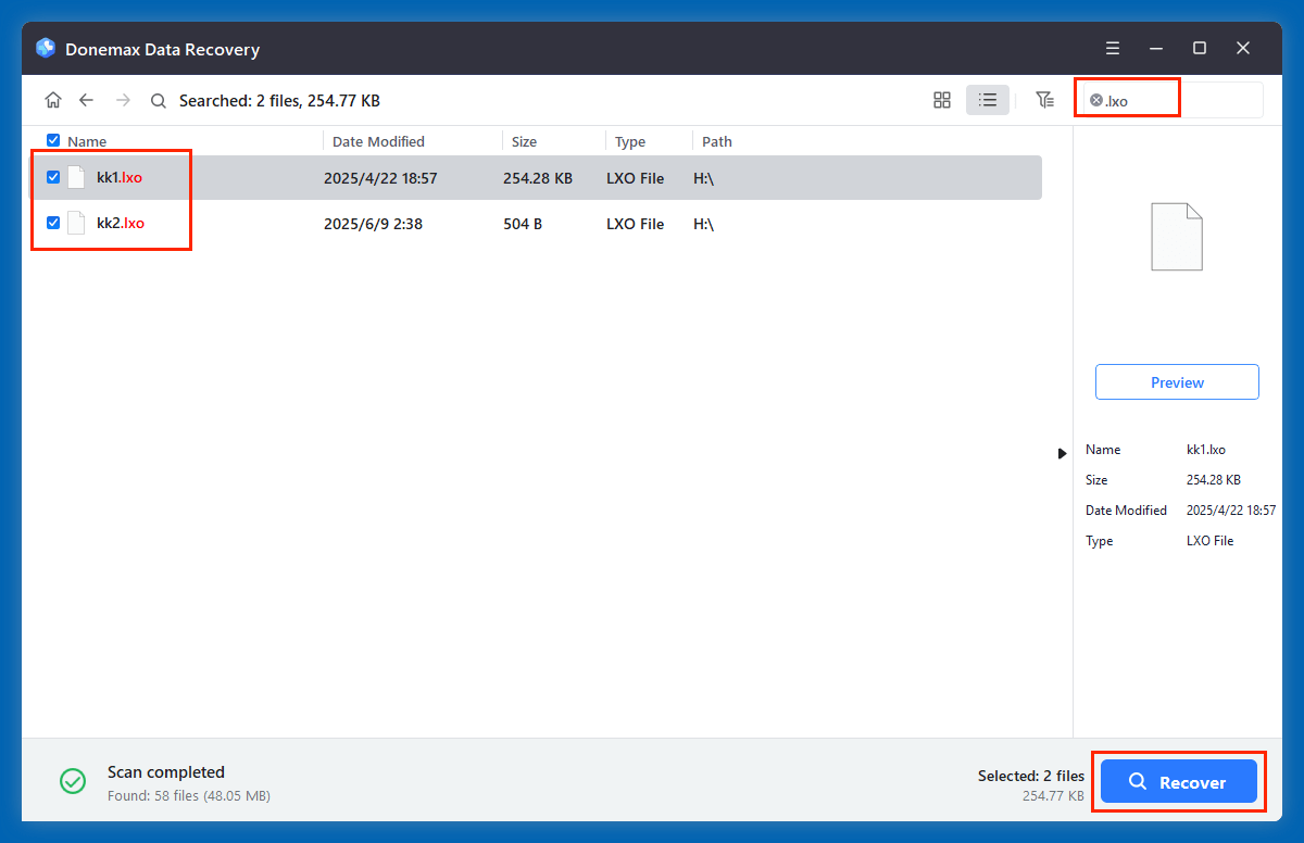 recover deleted LXO files