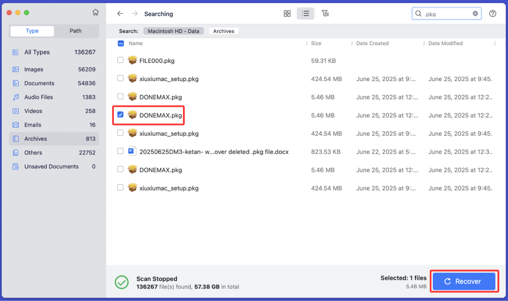 recover deleted .pkg files