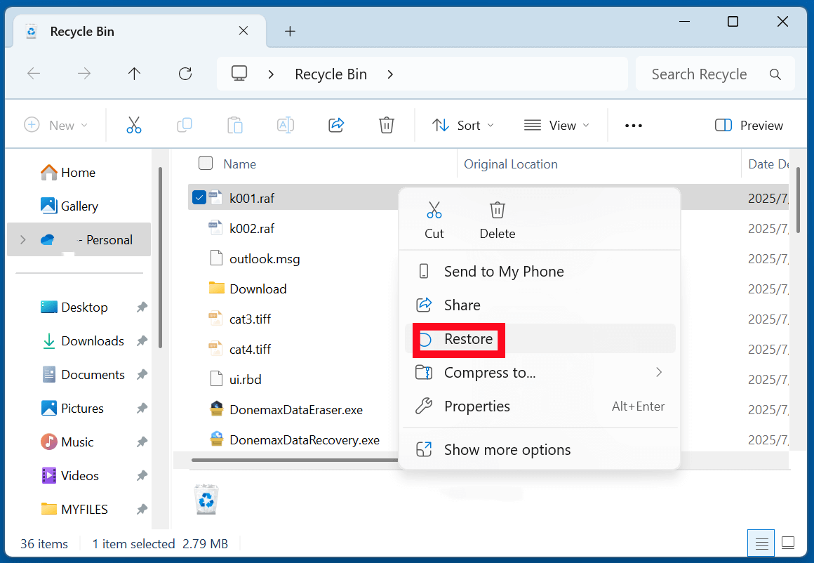recover deleted RAF files