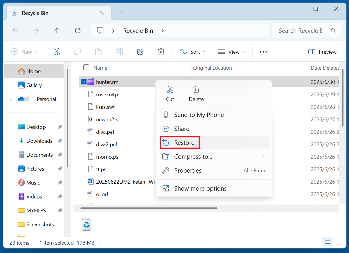 recover deleted RM files