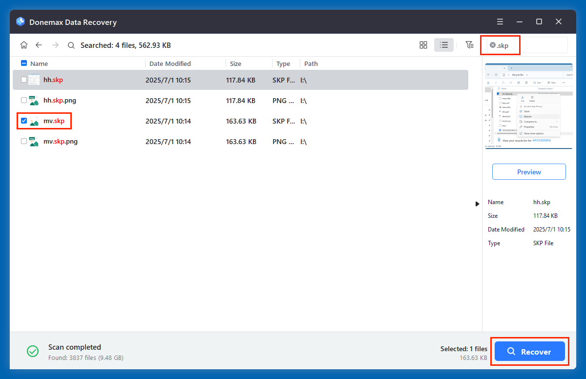 recover deleted SKP files