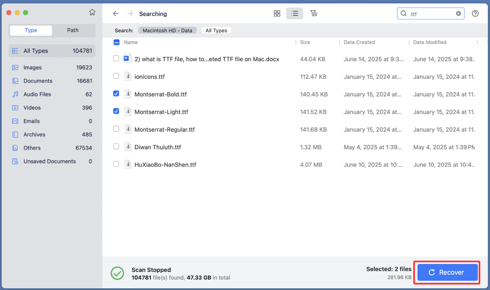 recover deleted TTF files on Mac
