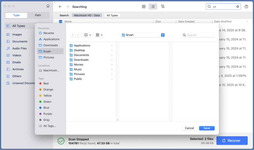recover deleted TTF files on Mac