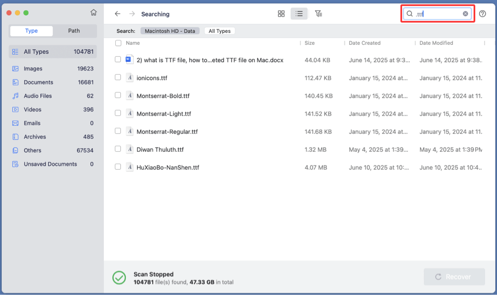 recover deleted TTF files on Mac