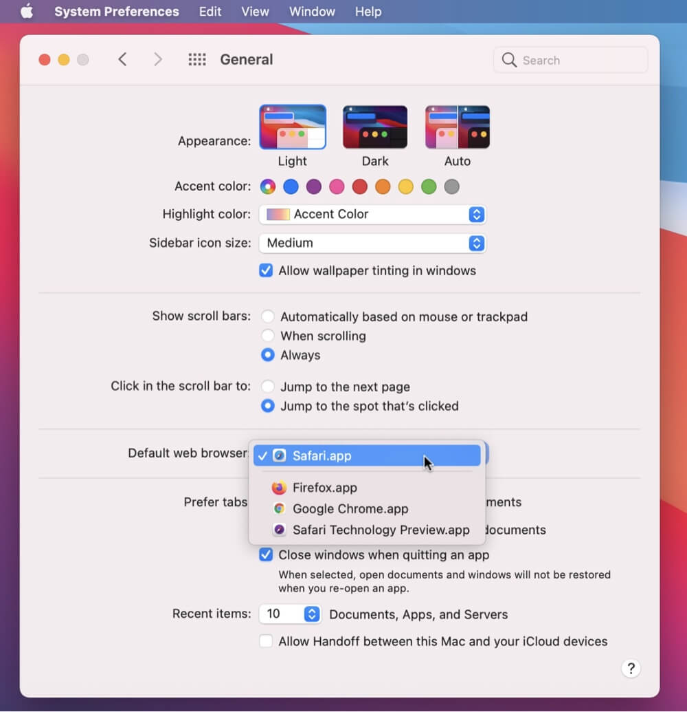 change your default web browser
