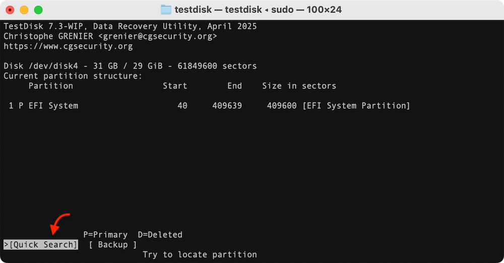 TestDisk deleted/lost partition recovery on Mac
