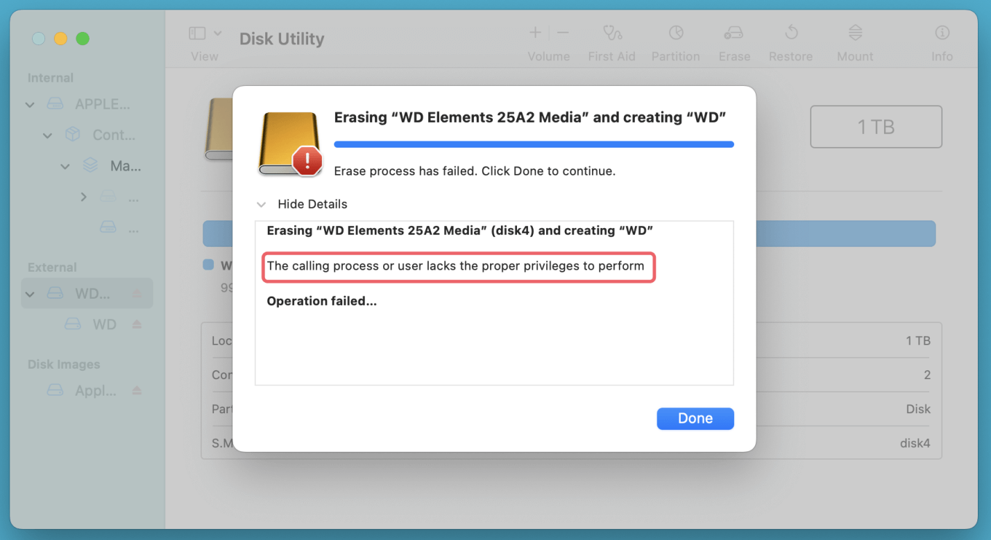 The calling process or user lacks the proper privileges to perform