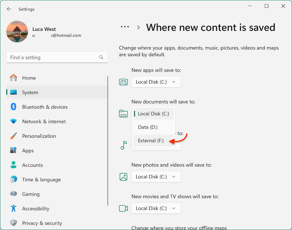 use external storage as primary default storage