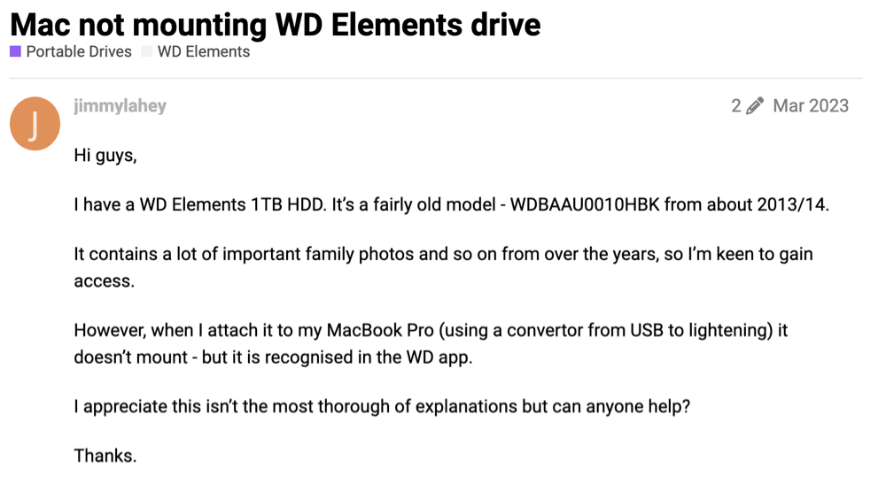 WD Elements not mounting on Mac