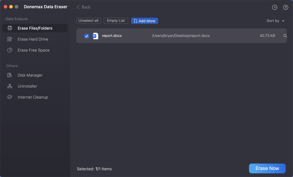 Click on Add button to add the file you want to erase