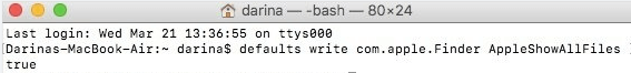 Terminal command line to show hidden files on Mac