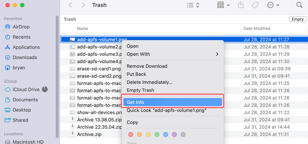 Right-click the file and choose Get Info