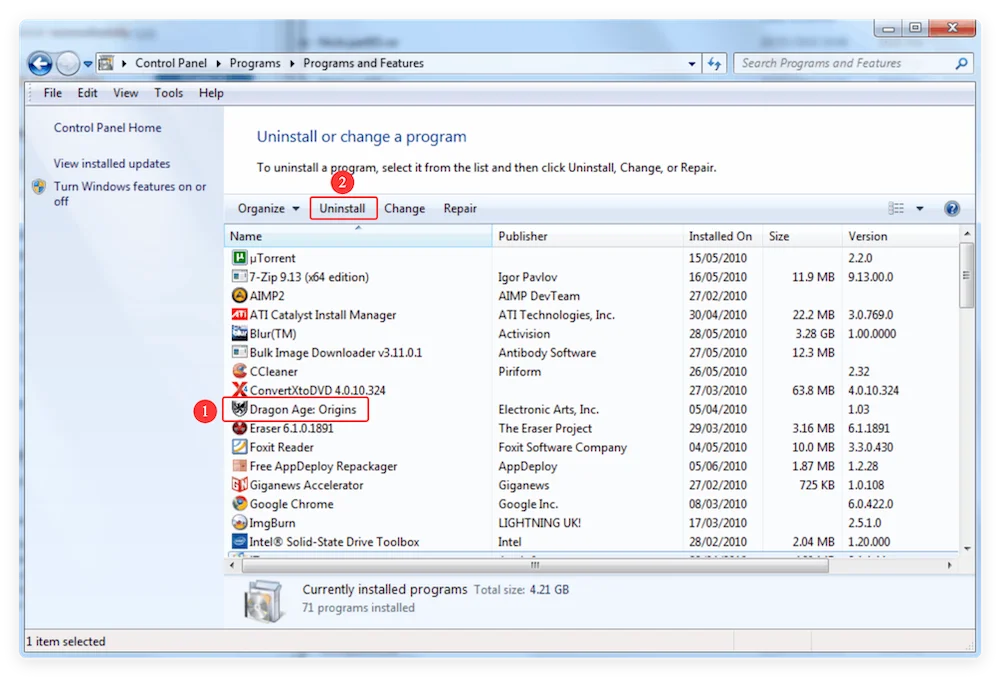 Uninstall Windows 7 programs with built-in uninstaller