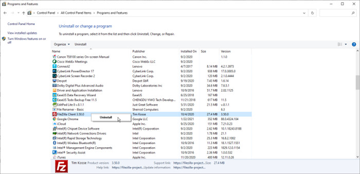 Uninstall programs in Windows 10 via Control Panel