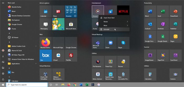 Uninstall programs in Windows 10 via Start Menu
