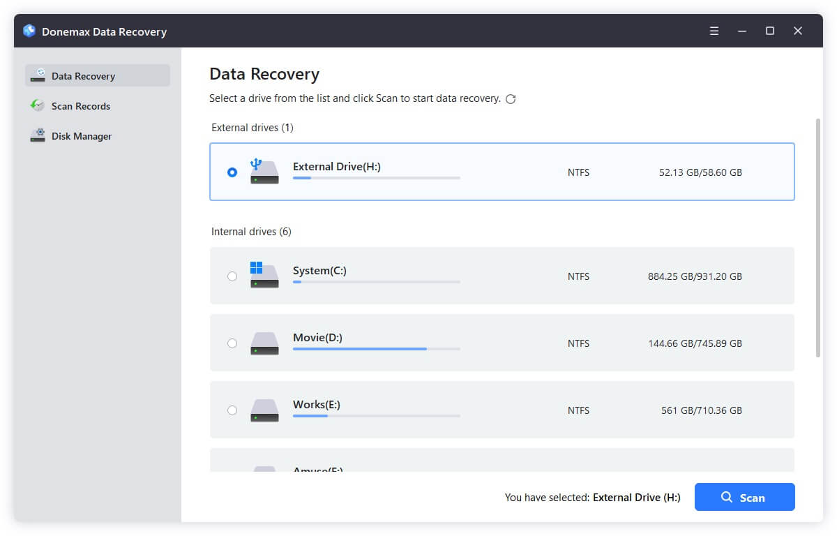 select the SD card to start scan