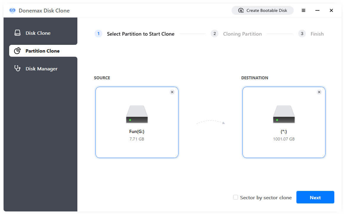 Select the partitions to clone