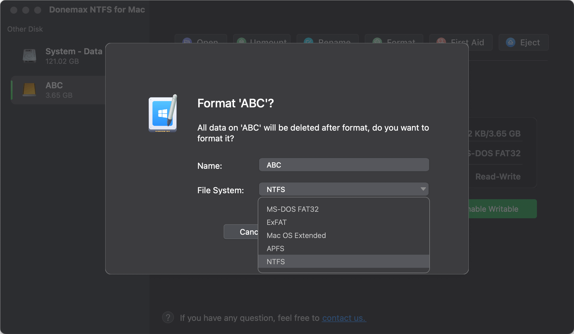 Select the NTFS as the format