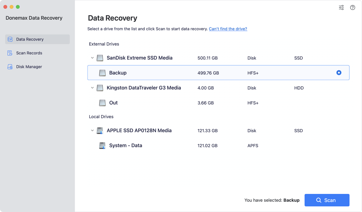 Select the drive to recover deleted Mac files